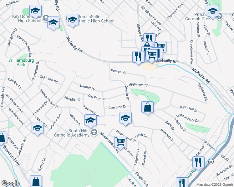 map of restaurants, bars, coffee shops, grocery stores, and more near 541 Old Farm Road in Pittsburgh