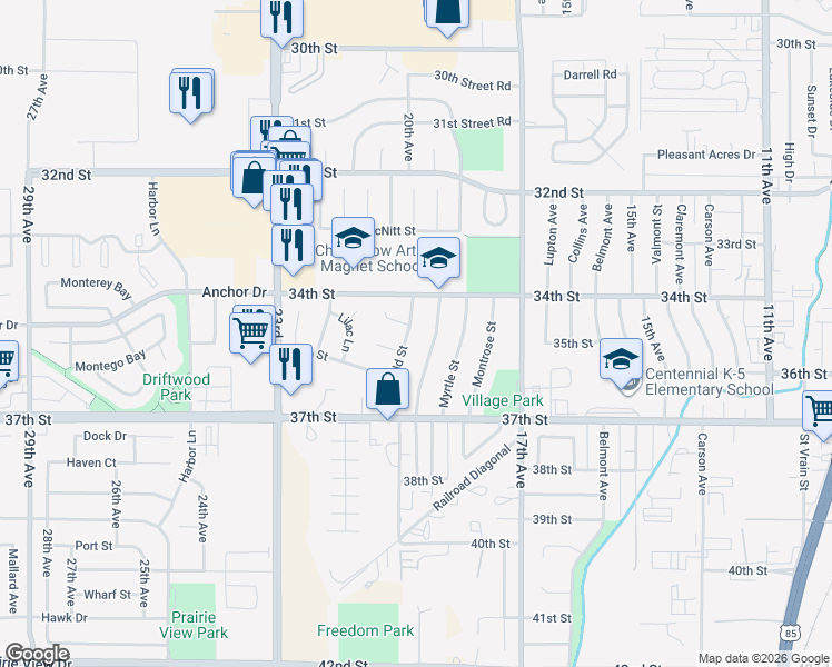map of restaurants, bars, coffee shops, grocery stores, and more near 3502 Marigold Street in Evans