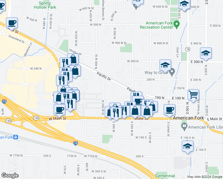 map of restaurants, bars, coffee shops, grocery stores, and more near 159 North 300 West in American Fork
