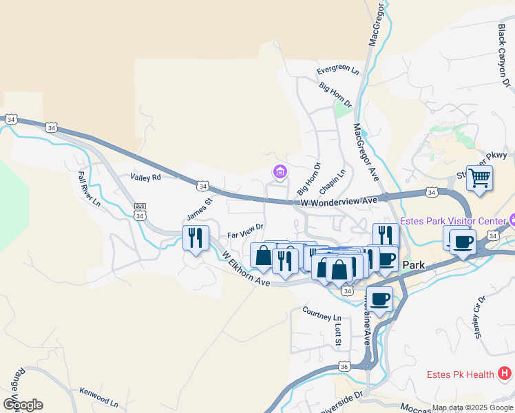 map of restaurants, bars, coffee shops, grocery stores, and more near 490 West Wonderview Avenue in Estes Park