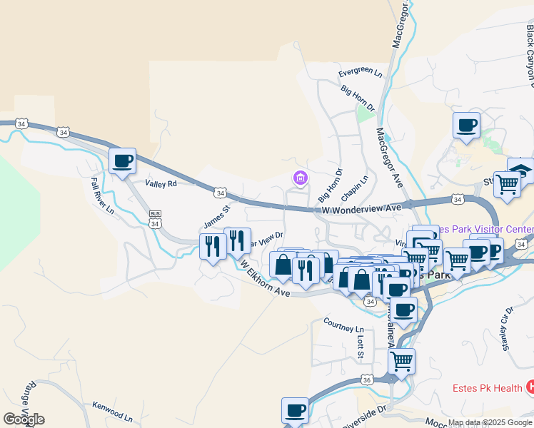 map of restaurants, bars, coffee shops, grocery stores, and more near 490 West Wonderview Avenue in Estes Park