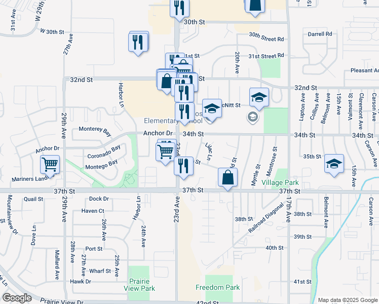 map of restaurants, bars, coffee shops, grocery stores, and more near 3512 Columbine Court in Evans