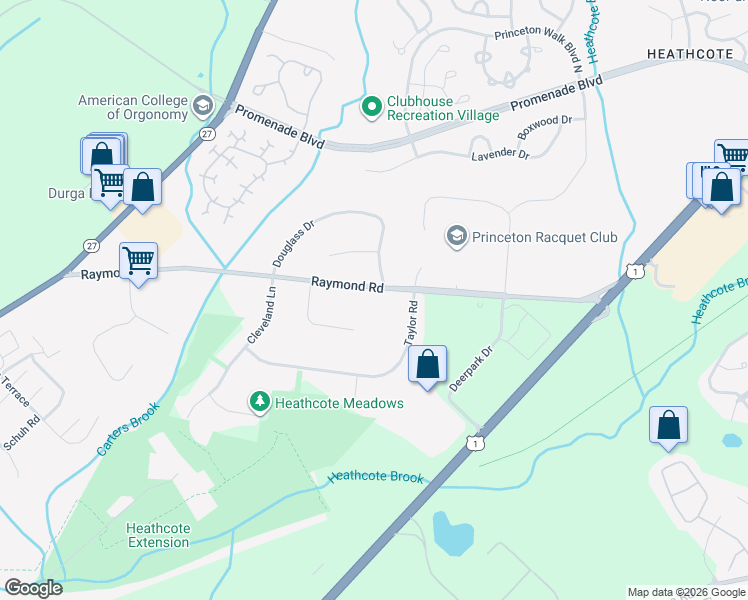 map of restaurants, bars, coffee shops, grocery stores, and more near 261 Raymond Road in Princeton