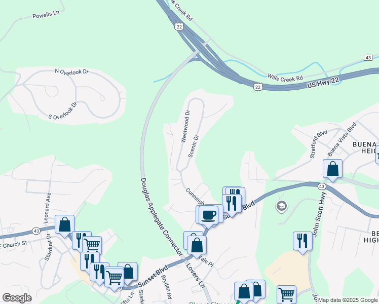 map of restaurants, bars, coffee shops, grocery stores, and more near 351 Scenic Drive in Steubenville