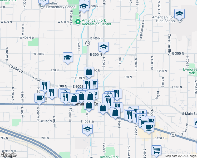 map of restaurants, bars, coffee shops, grocery stores, and more near 165 East 100 North in American Fork