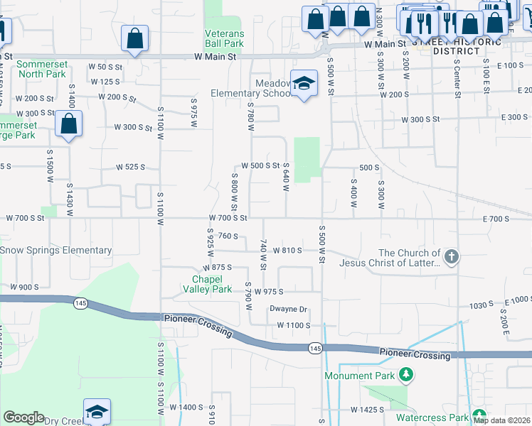 map of restaurants, bars, coffee shops, grocery stores, and more near 750 West 700 South in Lehi