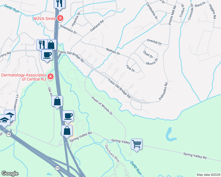 map of restaurants, bars, coffee shops, grocery stores, and more near 11 Timber Grove Court in Old Bridge