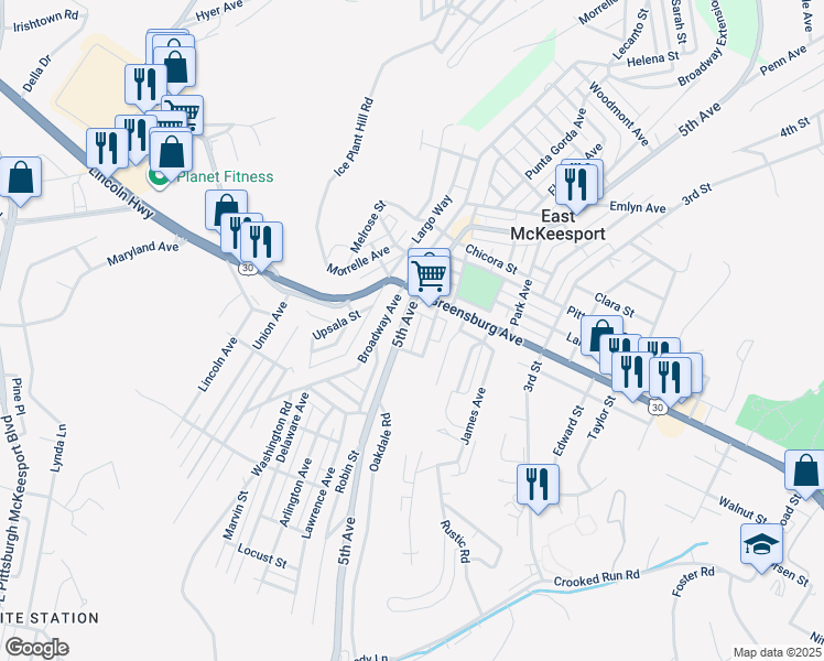 map of restaurants, bars, coffee shops, grocery stores, and more near 1239 5th Avenue in East McKeesport