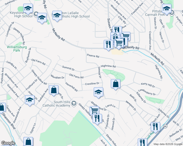 map of restaurants, bars, coffee shops, grocery stores, and more near 541 Old Farm Road in Pittsburgh