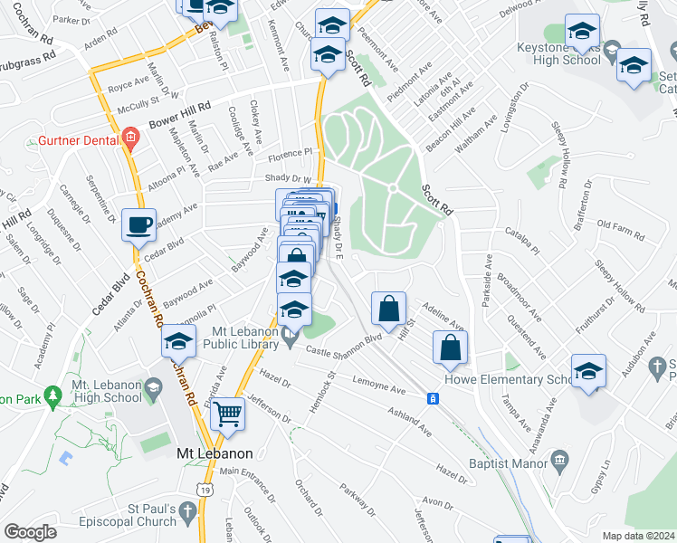 map of restaurants, bars, coffee shops, grocery stores, and more near 710 Shady Drive West in Pittsburgh