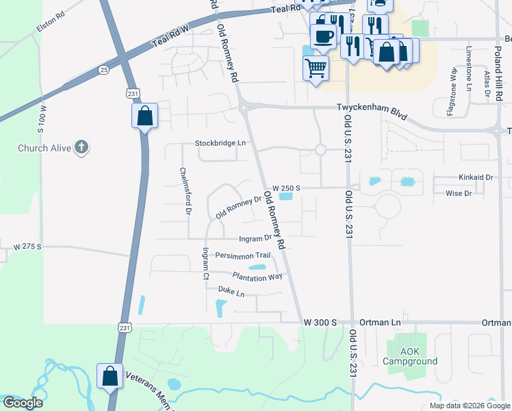 map of restaurants, bars, coffee shops, grocery stores, and more near 205 Old Romney Drive in Lafayette