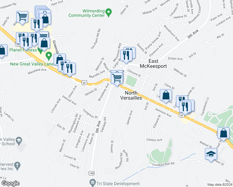 map of restaurants, bars, coffee shops, grocery stores, and more near 1228 McClure Avenue in East McKeesport