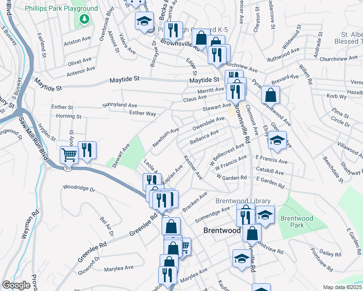 map of restaurants, bars, coffee shops, grocery stores, and more near 130 Bellanca Avenue in Pittsburgh