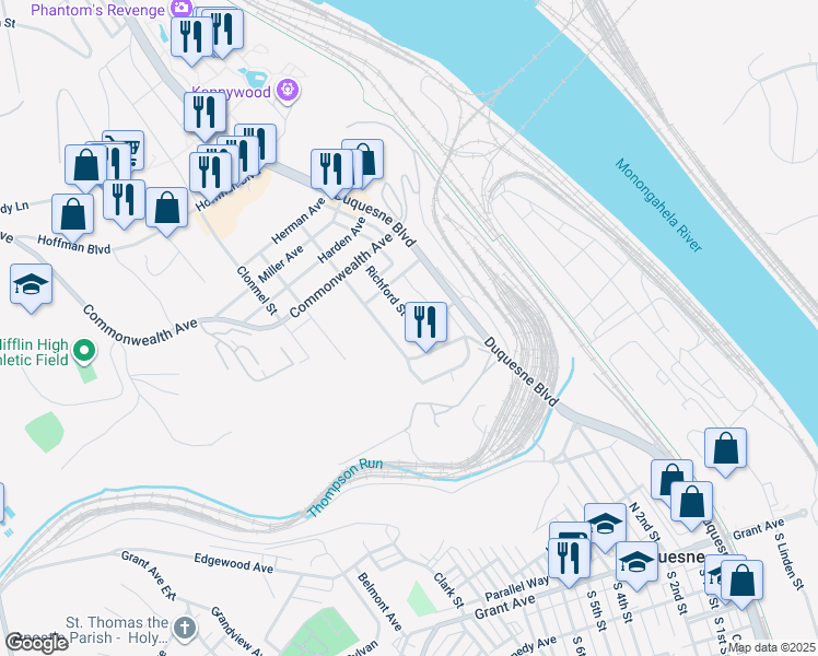 map of restaurants, bars, coffee shops, grocery stores, and more near 705 Richford Street in Duquesne