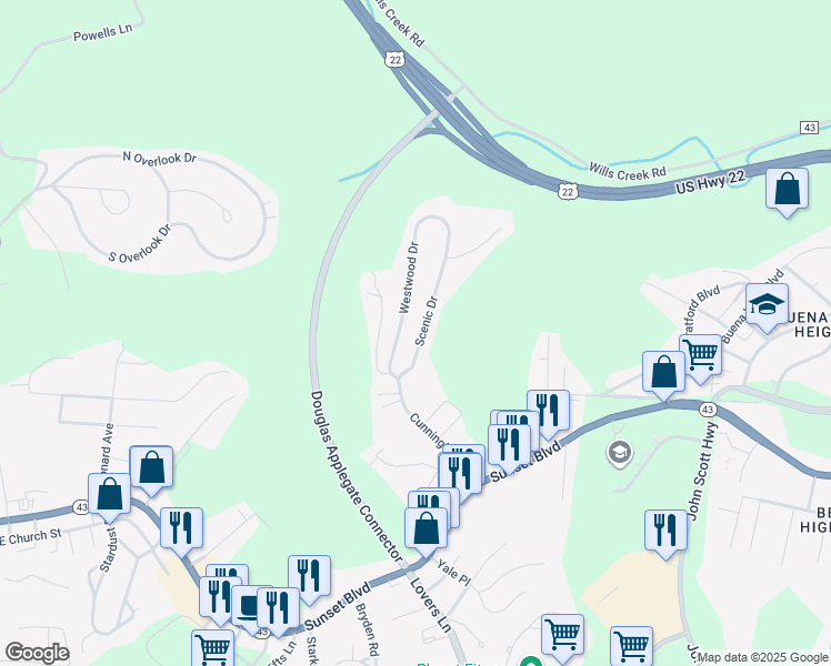map of restaurants, bars, coffee shops, grocery stores, and more near 351 Scenic Drive in Steubenville
