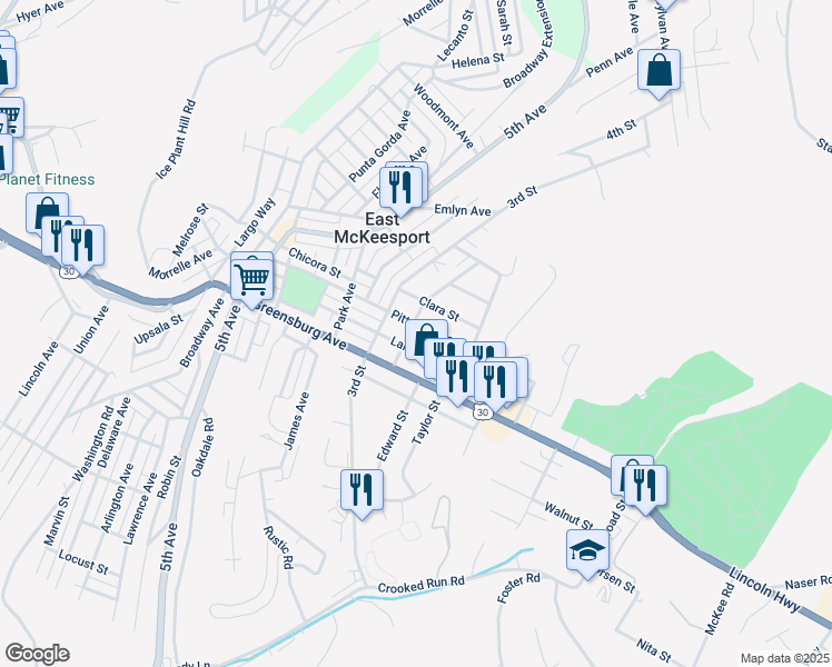 map of restaurants, bars, coffee shops, grocery stores, and more near 204 Elizabeth Street in North Versailles