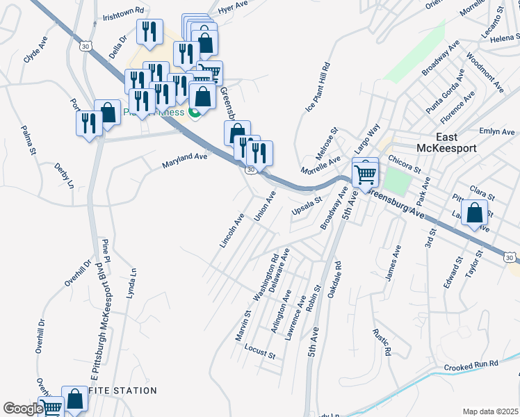 map of restaurants, bars, coffee shops, grocery stores, and more near 92 Union Avenue in North Versailles