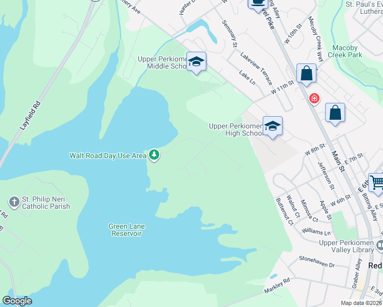 map of restaurants, bars, coffee shops, grocery stores, and more near 1033 Walt Road in Pennsburg