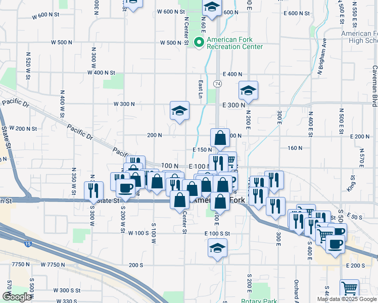 map of restaurants, bars, coffee shops, grocery stores, and more near 148 North Center Street in American Fork