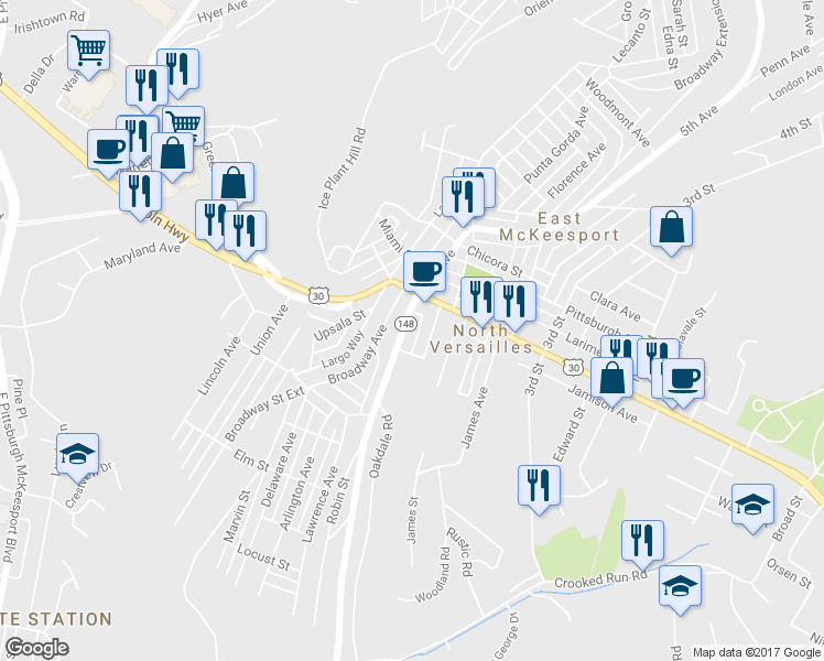 map of restaurants, bars, coffee shops, grocery stores, and more near 1239 5th Avenue in East McKeesport
