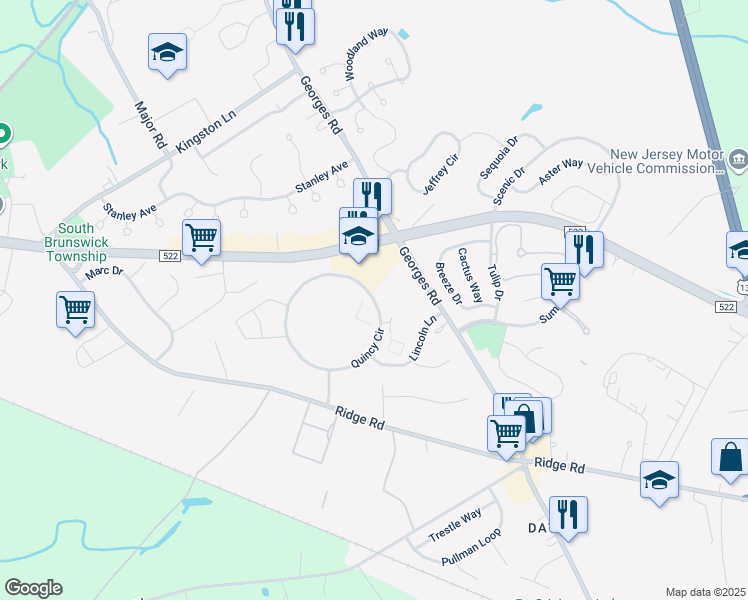 map of restaurants, bars, coffee shops, grocery stores, and more near Quincy Circle in South Brunswick Township