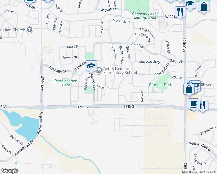 map of restaurants, bars, coffee shops, grocery stores, and more near 4013 36th Street in Evans