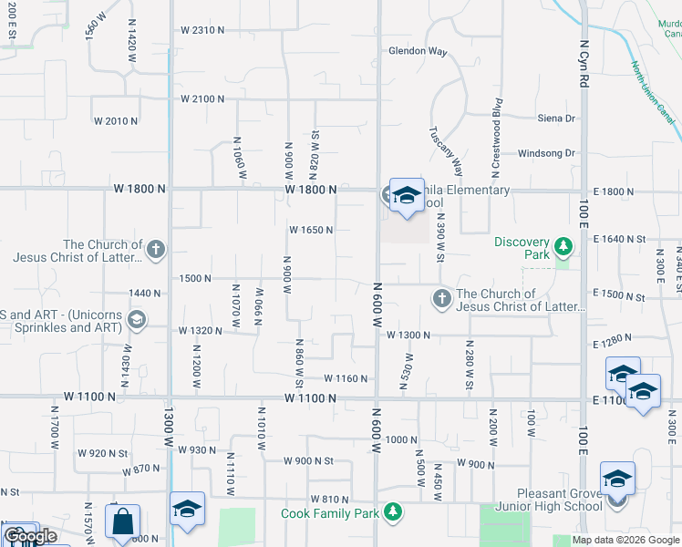 map of restaurants, bars, coffee shops, grocery stores, and more near 1445 North 600 West in Pleasant Grove