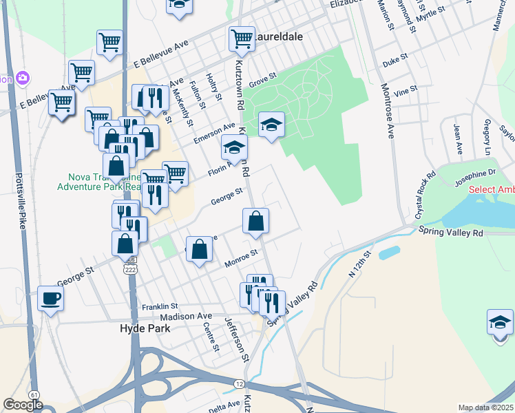 map of restaurants, bars, coffee shops, grocery stores, and more near 3001 Kutztown Road in Reading