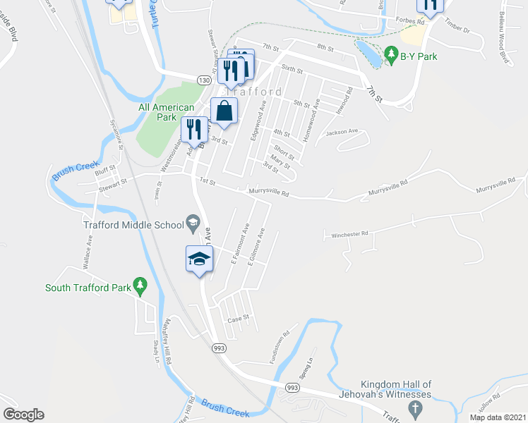 map of restaurants, bars, coffee shops, grocery stores, and more near 158 East Gilmore Avenue in Trafford
