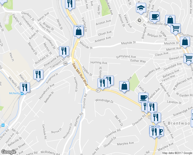 map of restaurants, bars, coffee shops, grocery stores, and more near 2644 Ivyglen Street in Pittsburgh