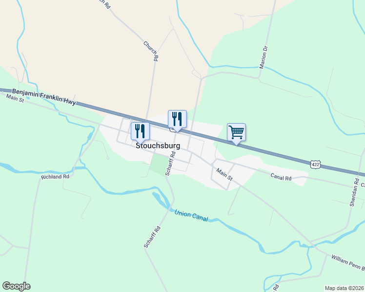 map of restaurants, bars, coffee shops, grocery stores, and more near 69 Main Street in Womelsdorf