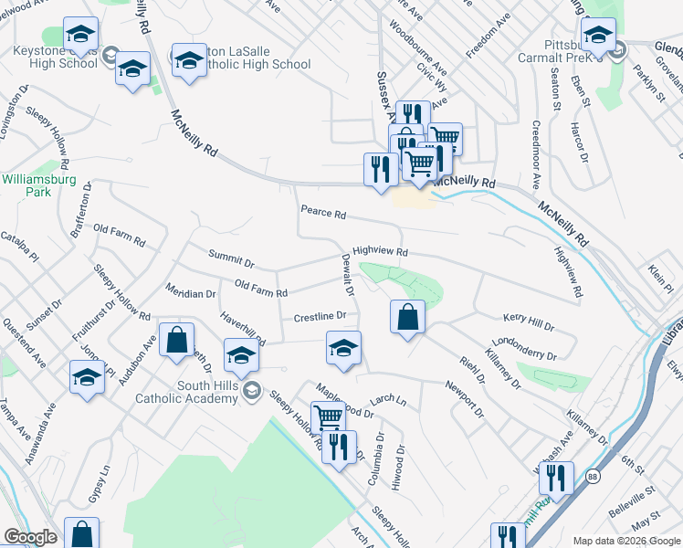 map of restaurants, bars, coffee shops, grocery stores, and more near 563 Old Farm Road in Pittsburgh