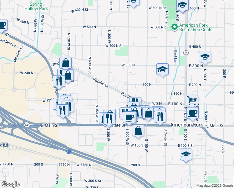 map of restaurants, bars, coffee shops, grocery stores, and more near 249 Pacific Drive in American Fork