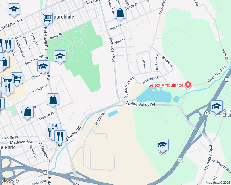 map of restaurants, bars, coffee shops, grocery stores, and more near 9 Montrose Avenue in Reading