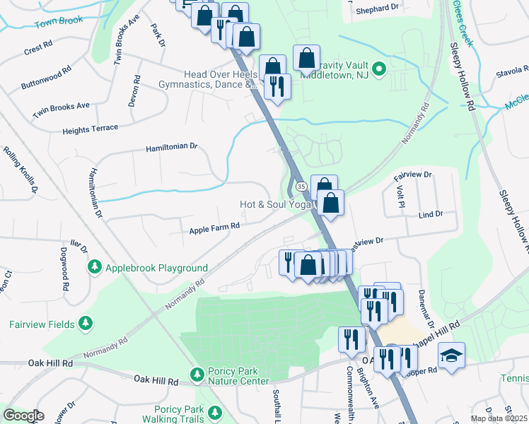 map of restaurants, bars, coffee shops, grocery stores, and more near 3 Apple Farm Road in Red Bank
