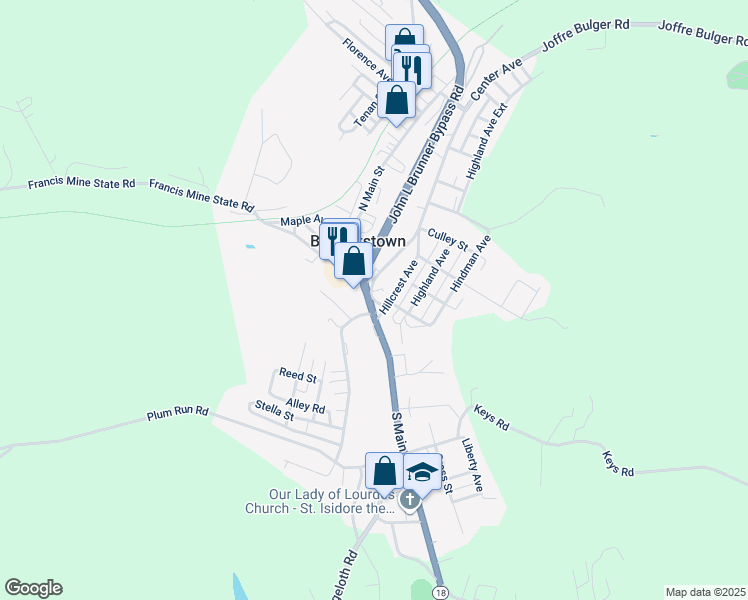 map of restaurants, bars, coffee shops, grocery stores, and more near 43 Center Avenue in Burgettstown
