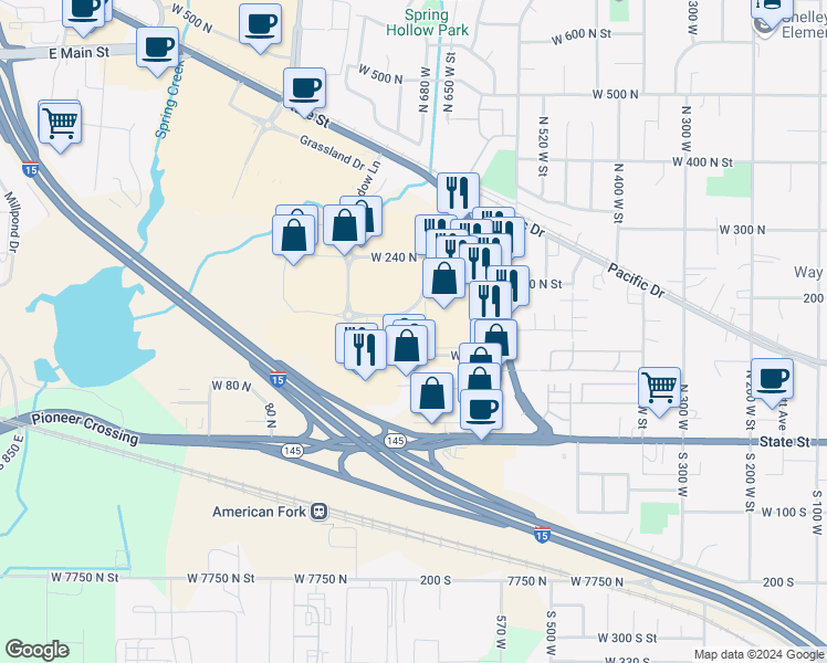 map of restaurants, bars, coffee shops, grocery stores, and more near 697 Pacific Drive in American Fork