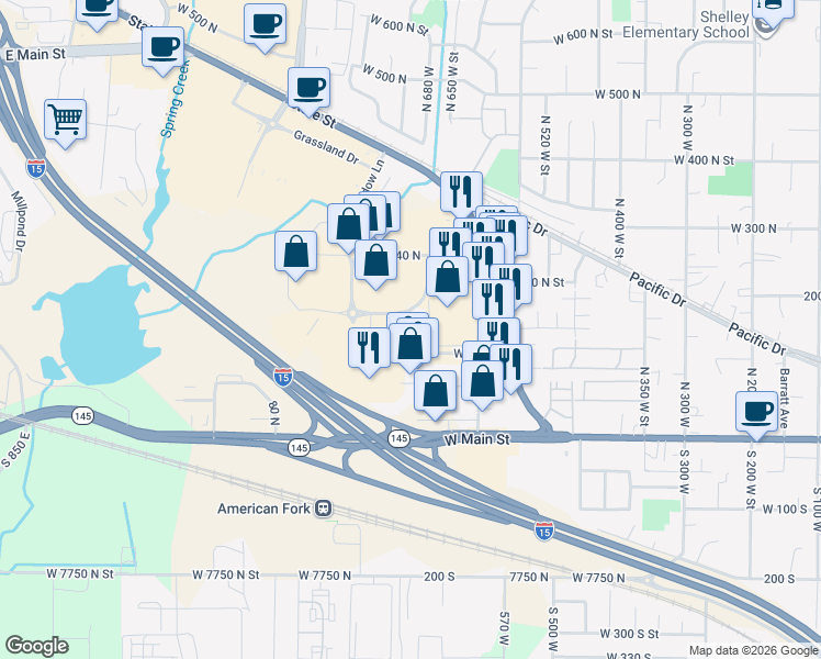map of restaurants, bars, coffee shops, grocery stores, and more near 697 Pacific Drive in American Fork