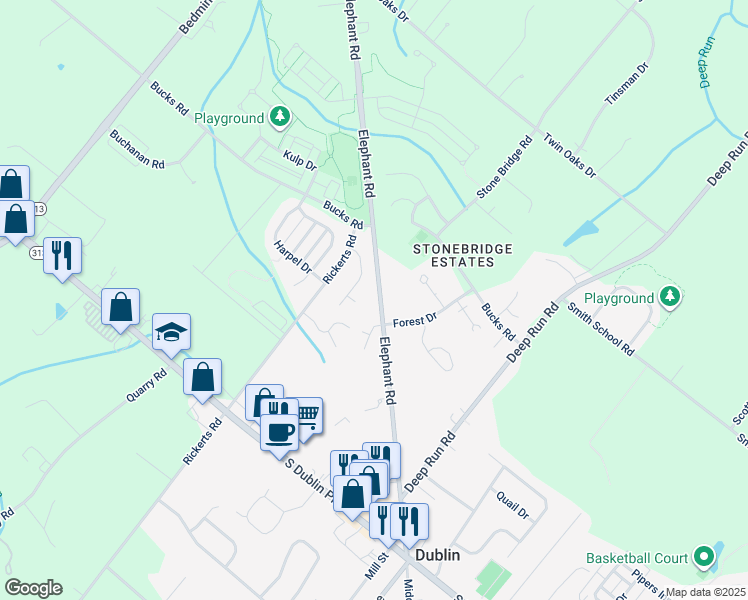 map of restaurants, bars, coffee shops, grocery stores, and more near 186 Elephant Road in Perkasie