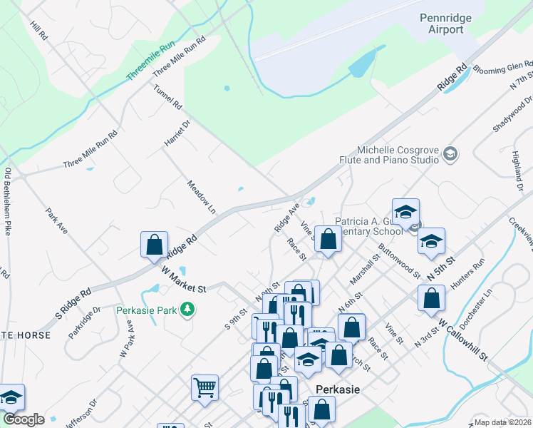 map of restaurants, bars, coffee shops, grocery stores, and more near 237A Ridge Avenue in Perkasie