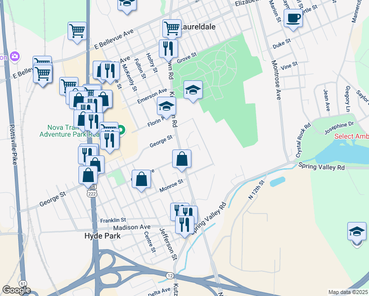 map of restaurants, bars, coffee shops, grocery stores, and more near 3001 Kutztown Road in Reading