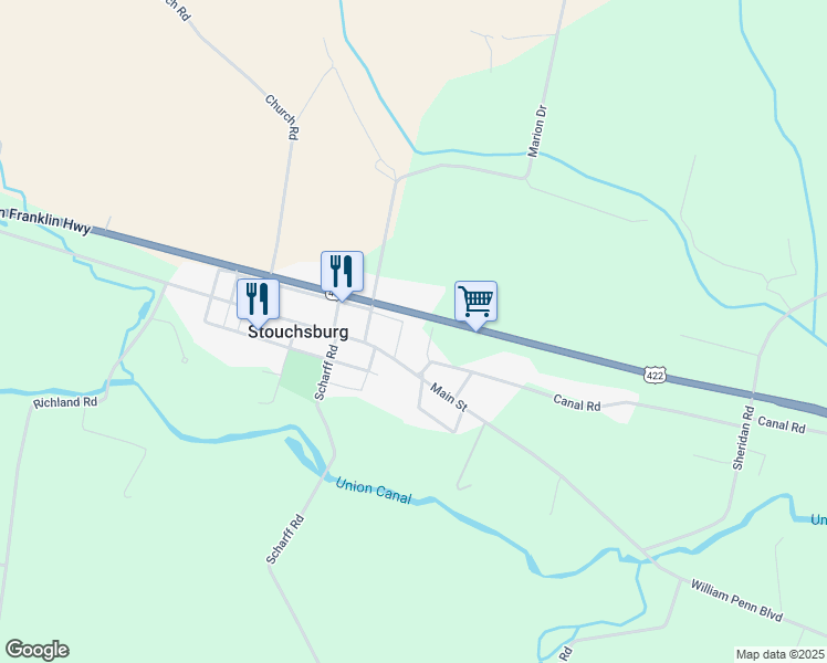 map of restaurants, bars, coffee shops, grocery stores, and more near 37 Main Street in Stouchsburg