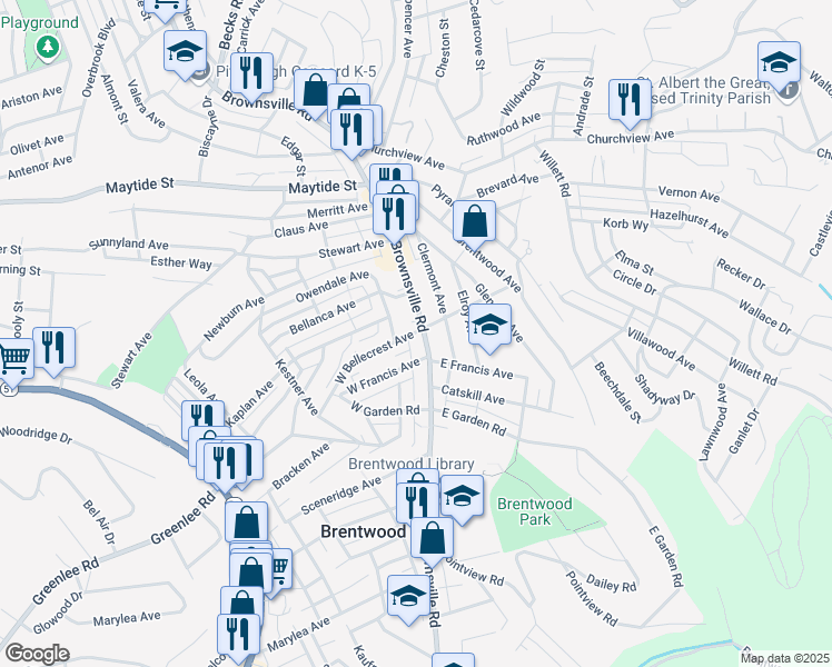 map of restaurants, bars, coffee shops, grocery stores, and more near 3109 Brownsville Road in Pittsburgh