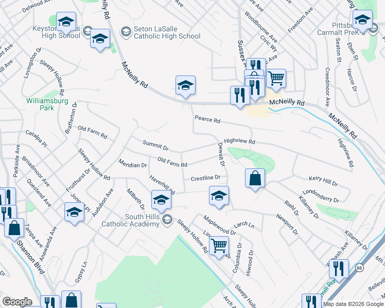 map of restaurants, bars, coffee shops, grocery stores, and more near 500 Highview Road in Pittsburgh