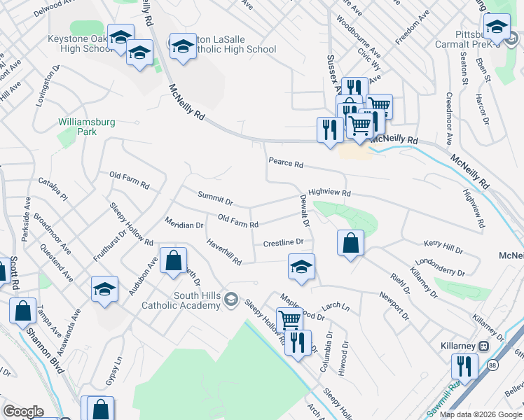 map of restaurants, bars, coffee shops, grocery stores, and more near 500 Highview Road in Pittsburgh