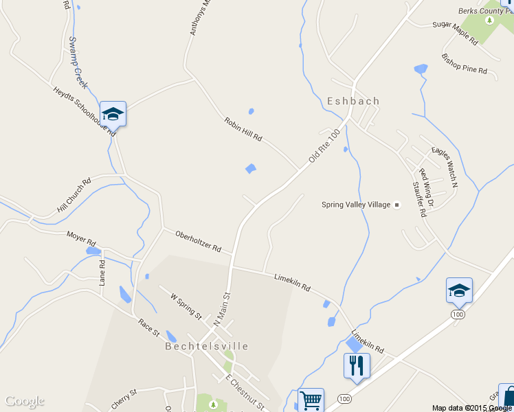 map of restaurants, bars, coffee shops, grocery stores, and more near 2034 Old Route 100 in Bechtelsville