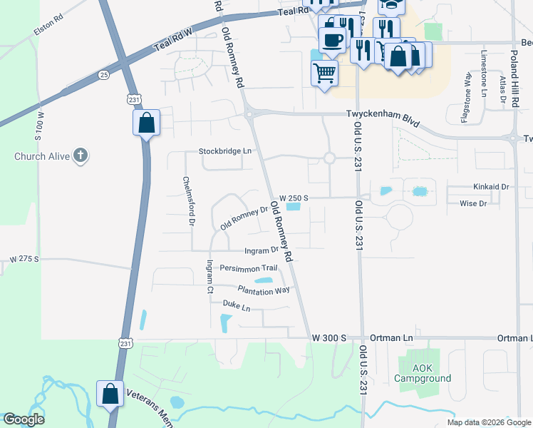map of restaurants, bars, coffee shops, grocery stores, and more near 205 Old Romney Road in Lafayette