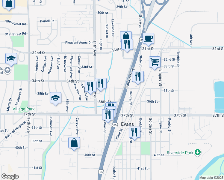 map of restaurants, bars, coffee shops, grocery stores, and more near 1000 35th Street in Evans