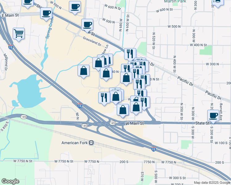map of restaurants, bars, coffee shops, grocery stores, and more near 697 Pacific Drive in American Fork
