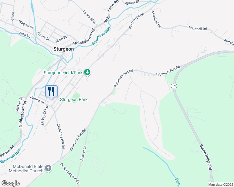 map of restaurants, bars, coffee shops, grocery stores, and more near 3143 Robinson Run Road in McDonald